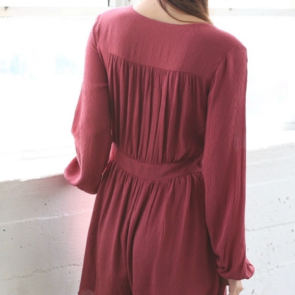 Red Long Sleeve Plunging Neck Romper - Picture 3 of 5